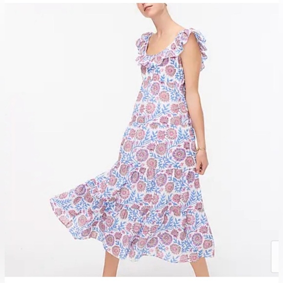 J. Crew Tiered ruffleneck dress in floral vine block print White Midi Midi Dress - Picture 1 of 12